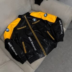 Leather Racing Jacket BMW black jaune