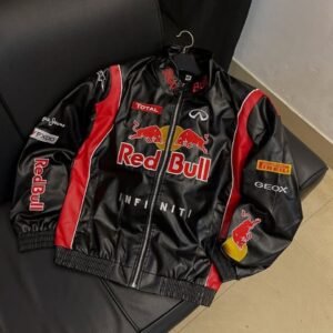 Leather Racing Jacket RedBull full Black & Red
